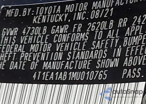 2021 Toyota Avalon Xse Hybrid из США, поврежденный, VIN 4T1EA1AB1MU010765